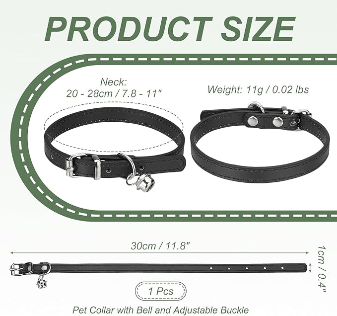 Dog Collar with Bell, Pu Leather Cat Collars Pet Basic Soft Padded Adjustable Buckle, 12" (Black, 1 Pcs), Intended for Teacup/Little Dog/Kitten Cats/Small Animals