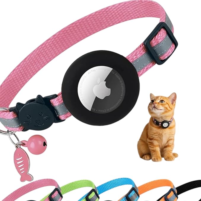 Pink AirTag Cat Collar – Breakaway Reflective Nylon Kitten Collar with Apple AirTag Holder & Bell, Adjustable 1cm Cat Collar for Girls & Boys (Fits 8.66–13.78 in)