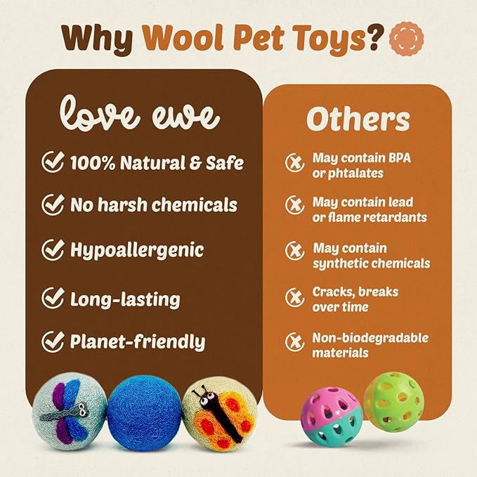 Hustle & Blush Wool Felt Balls - 3 Pack Love Ewe Pet Supplies – 2in Colorful & Durable Cat Toys Handmade from New Zealand, Ideal for Indoor Play and Mental Stimulation – Dragonfly & Butterfly Design
