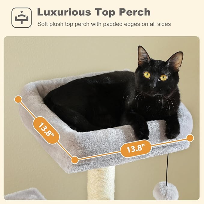 62" Cat Tree for Indoor Cats, Multi-Level Cat Tower with 2 Spacious Condos, Dual Top Perches, Scratching Pad, 4 Scratching Posts, 2 Pompoms, Grey