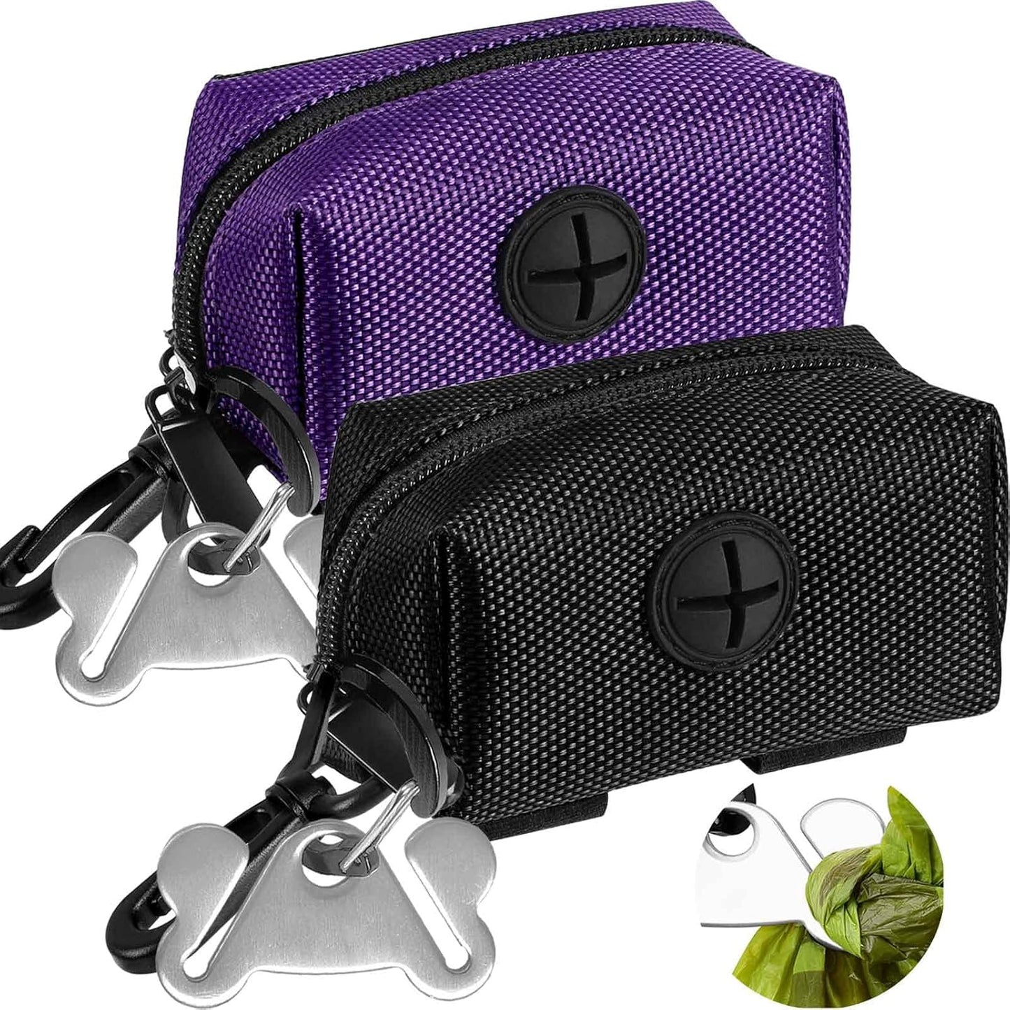 Dog Waste Bag Dispenser Pet Poop Bags Holder for Doggie Waste Bags Dispensers Soft Fabric Zipper Small Doggy Puppy Pouch for Leash Accessory Attachment with Carrier,2PCS Purple&Black