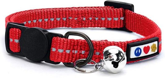 Pawtitas Recycled Red Reflective Cat Collar – Eco-Friendly Breakaway Safety Buckle, Adjustable Kitten & Adult Collar with Removable Bell and High-Visibility Strap