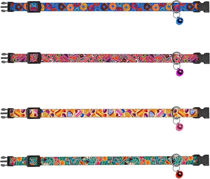 4PCS Breakaway Cat Collars with Bell - Cute Soft Adjustable Safety Kitten Collars 4-Pack - Nylon Pet Collars Nature Tribal Striped Floral Space Aztec Flowers Print (Travel & Cookies)