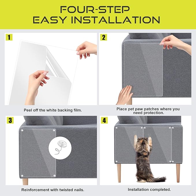 Anti Cat Scratch Furniture Protector, 12-Pack Couch Protector from Cat Claws for Sofa Corners, Walls & Doors – Heavy-Duty, Easy-to-Apply Shields with 72 Twist Pins