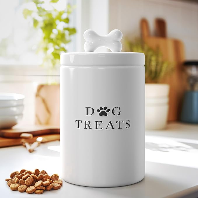 Barnyard Designs Large Dog Treat Container Airtight with Lid, Cute Rustic Ceramic Dog Treat Storage Jar for Kitchen Counter (White)
