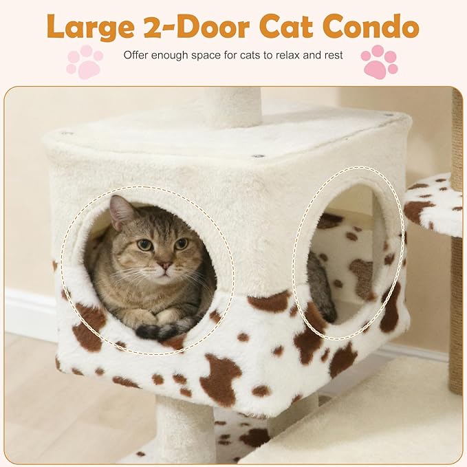 PETSITE 30 Inches Small Cat Tree, Unique Cow Print Modern Cat Tree with Jute Scratching Posts, Comfy 2-Door Condo, Soft Upholstered Top Perch, Multiple Jumping Platforms, Ideal for Indoor Cats