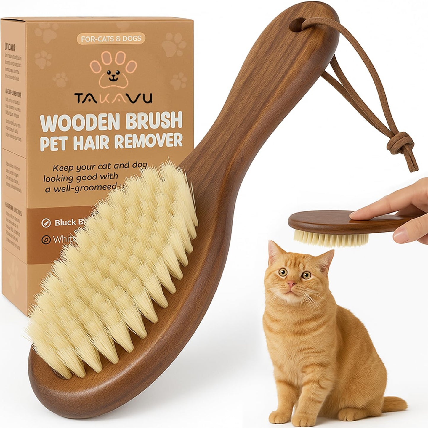 Takavu Natural White Boar Bristle Cat Brush - Gentle Grooming Tool for Sensitive Skin, Smoothing Fur & Healthy Shine - Soft Pet Brush