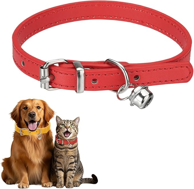 Dog Collar with Bell, Pu Leather Cat Collars Pet Basic Soft Padded Adjustable Buckle, 12" (Red, 1 Pcs), Intended for Teacup/Little Dog/Kitten Cats/Small Animals
