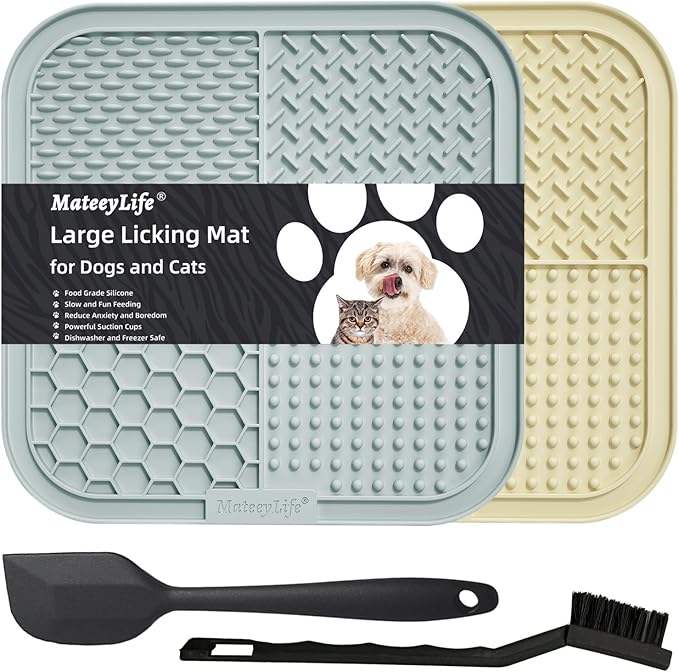 MateeyLife 2PCS Large Lick Mat for Dogs and Cats, Licking Mats for Dog Anxiety Relief, Cat Peanut Butter Lick Pad for Boredom Reducer, Dog Treat Mat Perfect for Bathing Grooming Gray&Beige