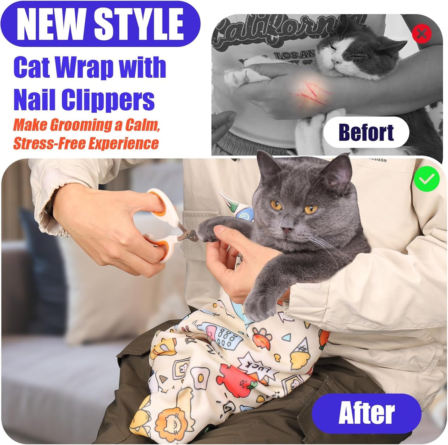 XANGNIER Cat Grooming Wrap with Cat Nail Clippers -Self-Adhesive Cat Swaddle for Nail Clipping, Anti-Scratch &amp; Anti-Escape Cat Restraint for Calm, Safe &amp; Easy Nail Trimming