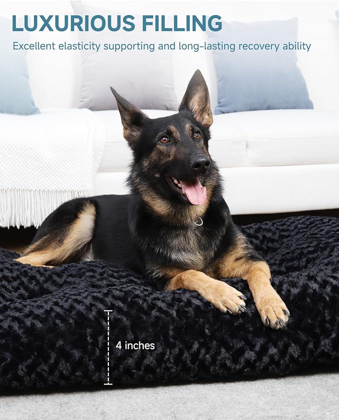 KSIIA Washable Dog Bed Anti-Slip Dog Crate Beds Deluxe Plush Kennel Pad Comfy Pet Sleeping Mat for Large Dogs, 41" x 27", Black