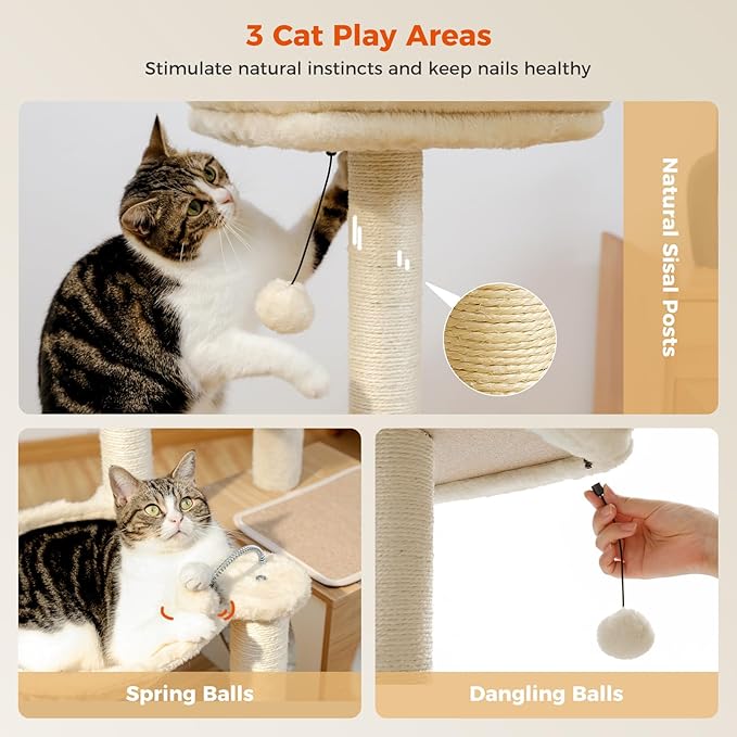 Modern Cat Tree for Indoor Cats, Small Cat Tower with Cat Condo, Scratching Posts, Top Perch and Metal Frame Hammock, Wooden Play House with Anti-Slip Mat, Beige