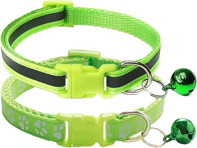CHBORCHICEN 2-Pack Footprint & Reflective Cat Collar with Bell Basic Dog Cat Collar Buckle Adjustable Polyester Cat Dog Collar or Seatbelts (Small, Fluorescent Green)