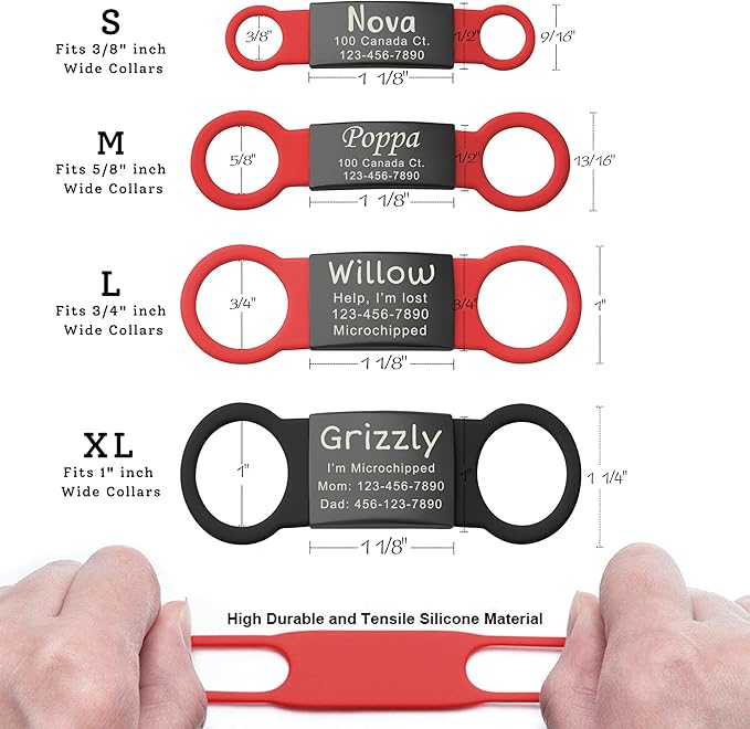 Anavia Slide On Silent Pet ID Tags, S/M/L/XL Personalized Black Stainless Steel Colored Silicone Cat Dog Name Tag, Customized Engraved Nameplate, Quiet Chew-Proof Pet Collar Tag (Black, Medium)