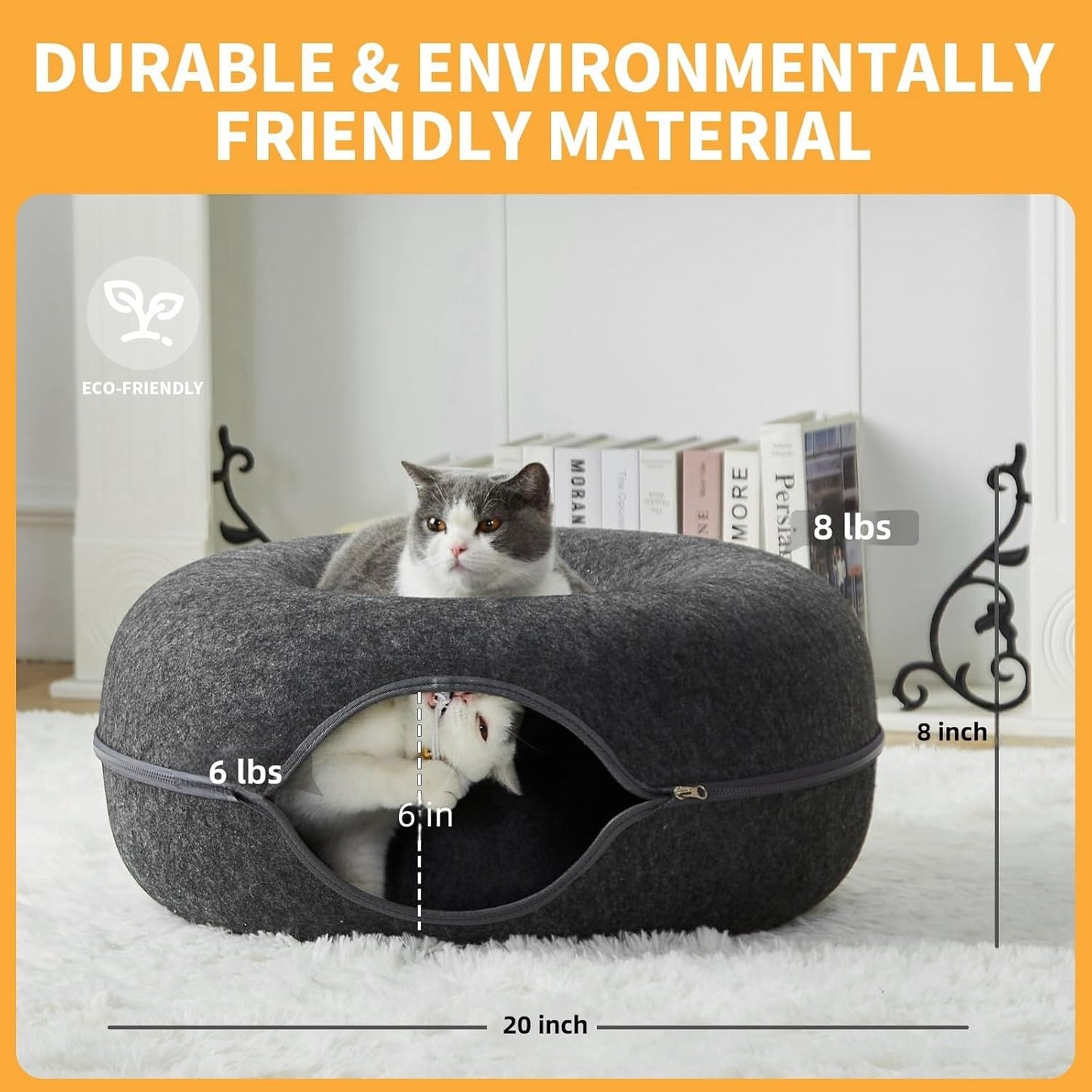 Jia Xi Indoor Cat Hideout Tunnel Bed - Donut Cat Condo and Cave - Dark Grey (20 in * 20 in * 8 in)