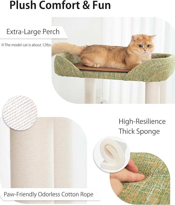 Cat Tree for Large Cat, Modern Senior Friendly Cat Tower with Wide Shelves Low Step, Cotton Scratching Posts, Super Sturdy Base, Cozy Perches, Interactive Toys (Linen Fabric Green 37.4-Inch)