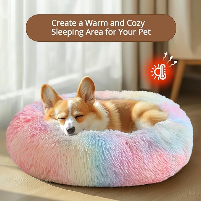 JOLLYVOGUE Small Dog & Cat Beds for Indoor Cats, Donut Cuddler Warming Soft Dog Beds with Anti-Slip Bottom, Round Calming Fluffy Plush Faux Fur Cushion Bed for Medium Dogs (31", Rainbow)