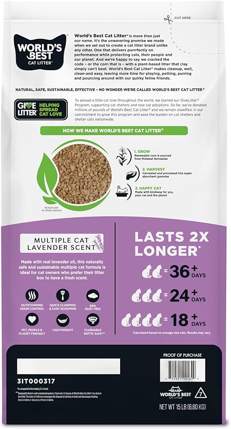 WORLD'S BEST CAT LITTER Multiple Cat Lavender Scented 15-Pounds - Natural Ingredients, Quick Clumping, Flushable, 99% Dust Free & Made in USA - Calming Fragrance & Long-Lasting Odor Control