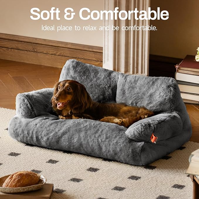 MEWOOFUN Dog Couch, Supportive Small Dog Bed for Puppy and Cats with Removable Washable Cover, Fluffy Cat Couch with Non-Slip Bottom (Dark Grey, 26.0" L X 19.0" W X 13.0" Th)