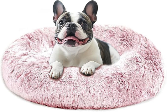 JOLLYVOGUE Small Dog & Cat Beds for Indoor Cats, Donut Cuddler Warming Soft Dog Beds with Anti-Slip Bottom, Round Calming Fluffy Plush Faux Fur Cushion Bed for Large Dogs (36", Smoke Pink)
