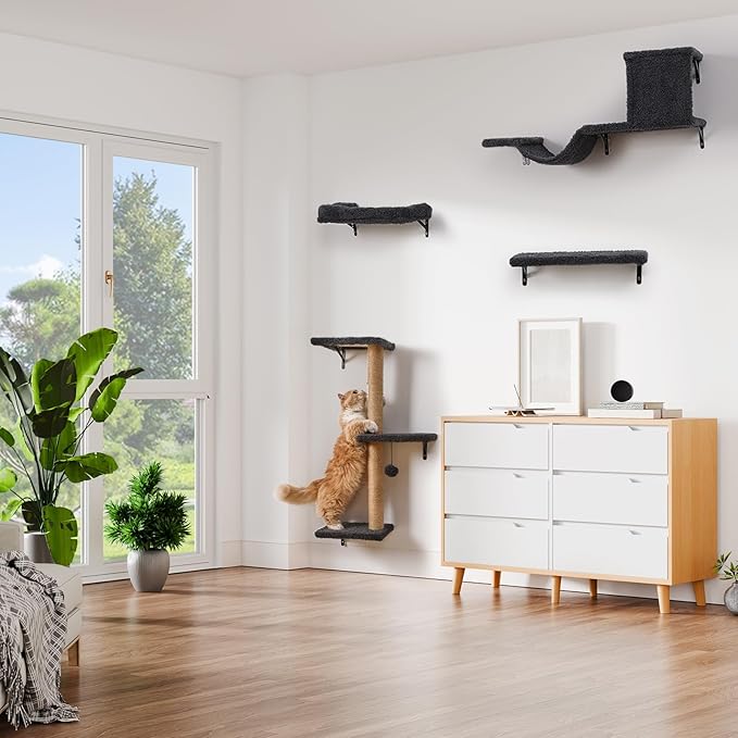 5-in-1 Cat Wall Shelves, Multi-Level Cat Climbing Furniture, Perch & Lounge for Indoor Cats, Space-Saving Wall Mounted Cat Shelves for Play & Rest (Natural Wood) - Gray