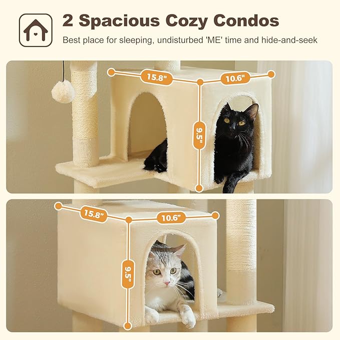 62" Cat Tree for Indoor Cats, Multi-Level Cat Tower for Large Cats with Scratching Posts, 2 Spacious Plush Condos, Padded Perch, Soft Cat Bed, Scratching Pad & 2 Pompoms, Beige