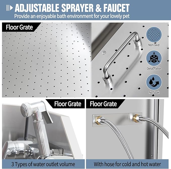 38" Pet Dog Bathing Station W/Ramp, Professional Stainless Steel Dog Grooming Tub W/Floor Grate, Faucet, Dog Bathtub for Large,Medium, Small Pets, Washing Sink for Home,R-RAMP