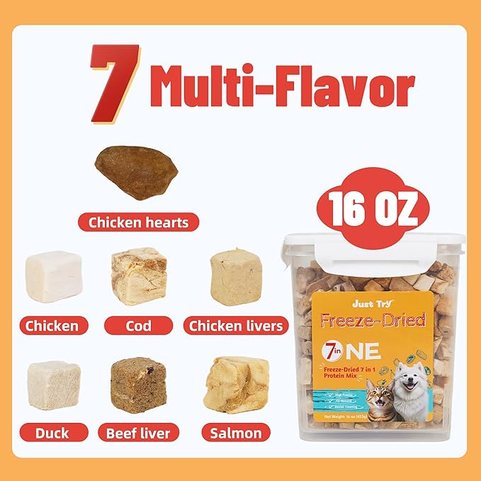 Just Try Freeze-Dried Dog Teats Mix for Dogs & Cats - Chicken, Duck, Salmon, Cod, Liver & Heart - Grain-Free, Training & Treats