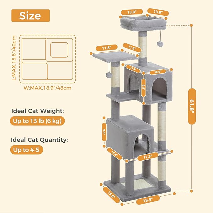 62" Cat Tree for Indoor Cats, Multi-Level Cat Tower for Large Cats with Scratching Posts, 2 Spacious Plush Condos, Padded Perch, Soft Cat Bed, Scratching Pad & 2 Pompoms, Gray