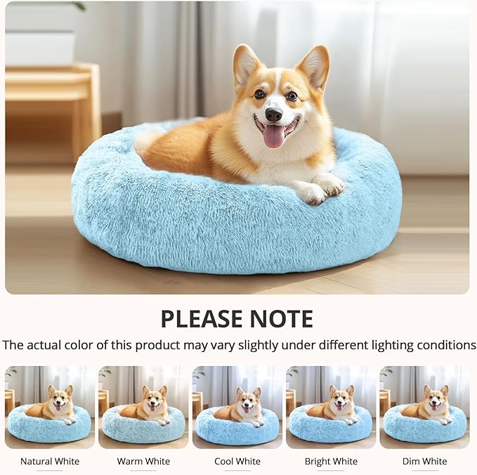 JOLLYVOGUE Small Dog & Cat Beds for Indoor Cats, Donut Cuddler Warming Soft Dog Beds with Anti-Slip Bottom, Round Calming Fluffy Plush Faux Fur Cushion Bed for Small Dogs (20", Light Blue)