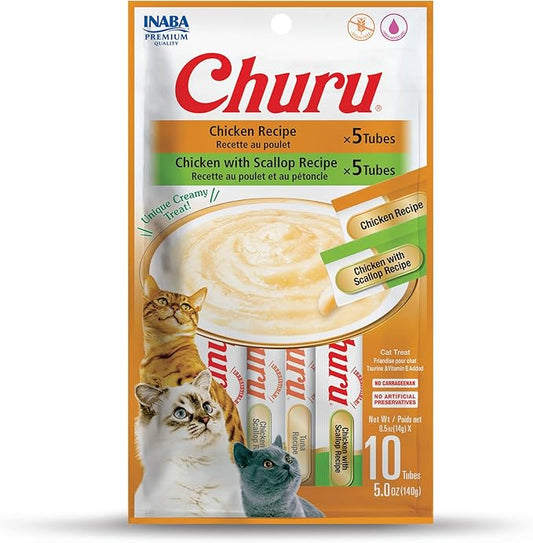 INABA Churu Cat Treats, Grain-Free, Lickable, Squeezable Creamy Purée Cat Treat/Topper with Vitamin E & Taurine, 0.5 Ounces Each Tube, 10 Tubes Total/Two Flavors, Chicken Variety