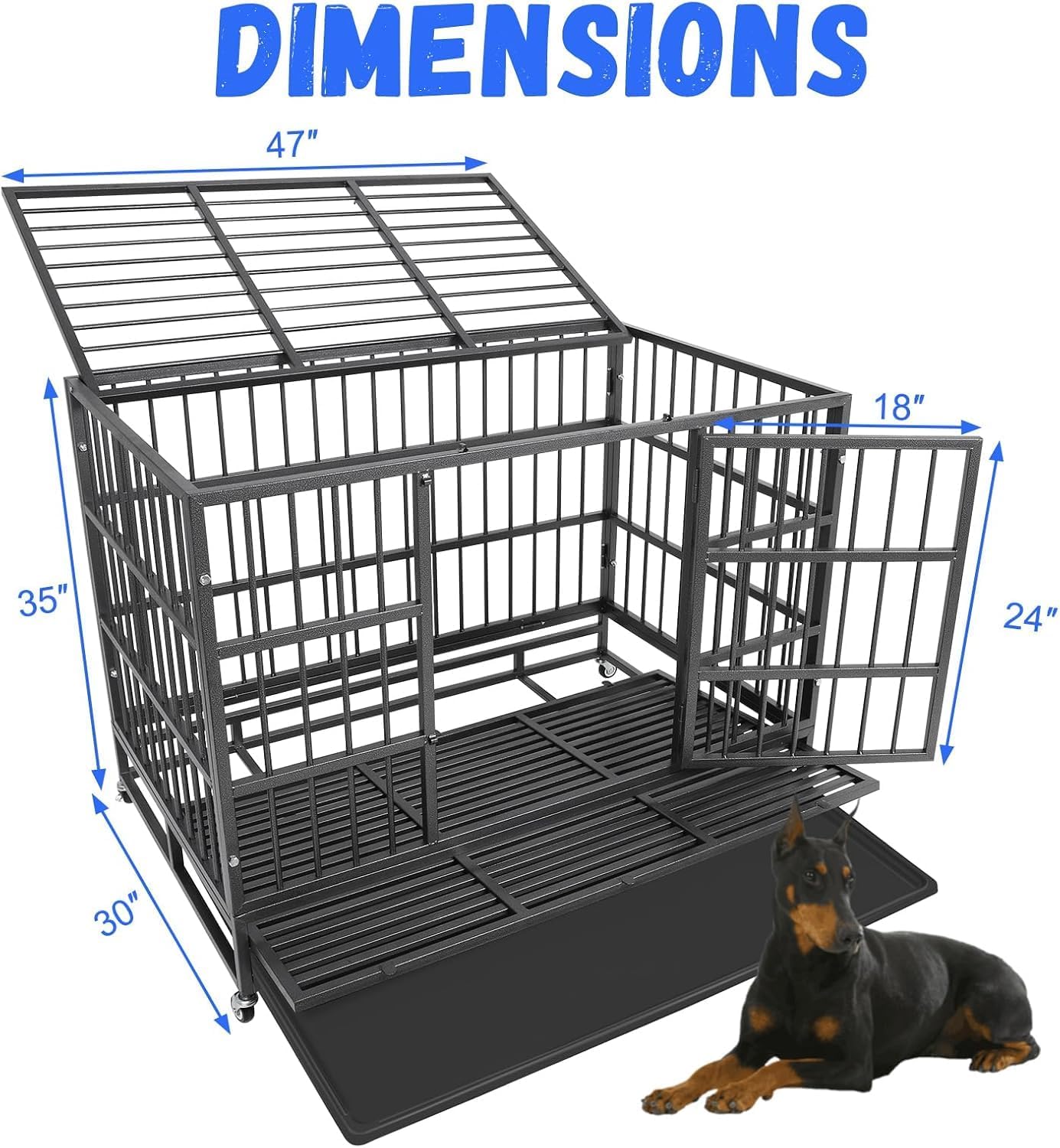 Confote 47 Inch Heavy Duty Dog Crate,High Anxiety Escape-Proof Steel Dog Crate Indestructible Dog Kennel for Medium to Large Dogs, with Lockable Wheels abd Removable Tray