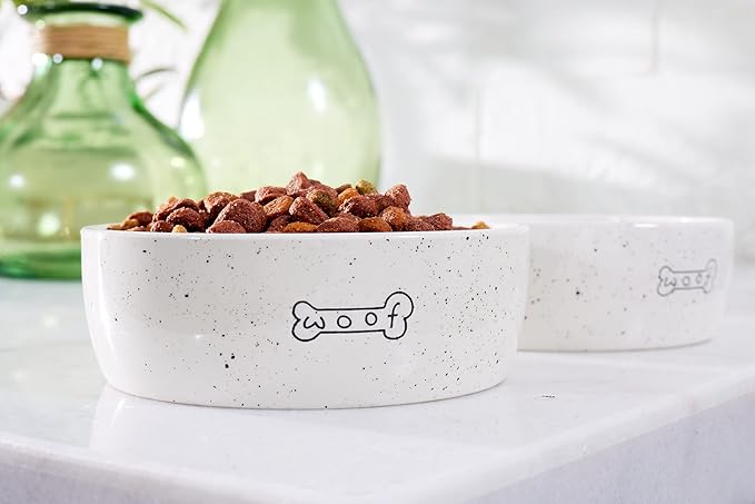 Pearhead Ceramic Woof Dog Bowl, Holds 3 Cups, Stoneware Food and Water Dish, Pet Feeding, Microwave and Dishwasher Safe, Medium