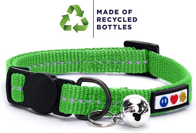 Pawtitas Recycled Green Reflective Cat Collar – Eco-Friendly Breakaway Safety Buckle, Adjustable Kitten & Adult Collar with Removable Bell and High-Visibility Strap