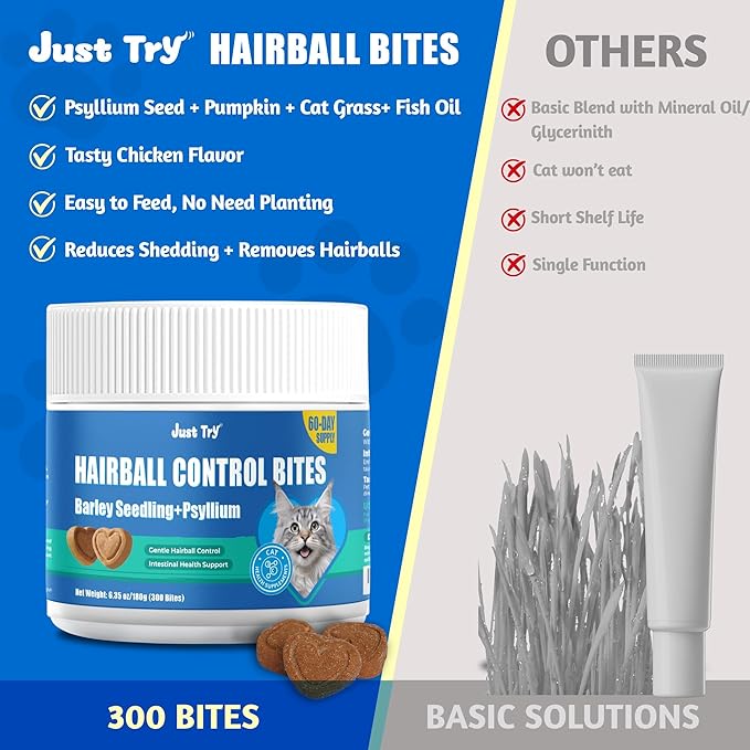 Just Try 300 Bites Hairball Control Cat Treats - Hairball Treatment & Relief for Cats - with Cat Grass, Pumpkin, & Omega-3 Fish Oil, Crunchy Chicken Flavor Crunchy Bites