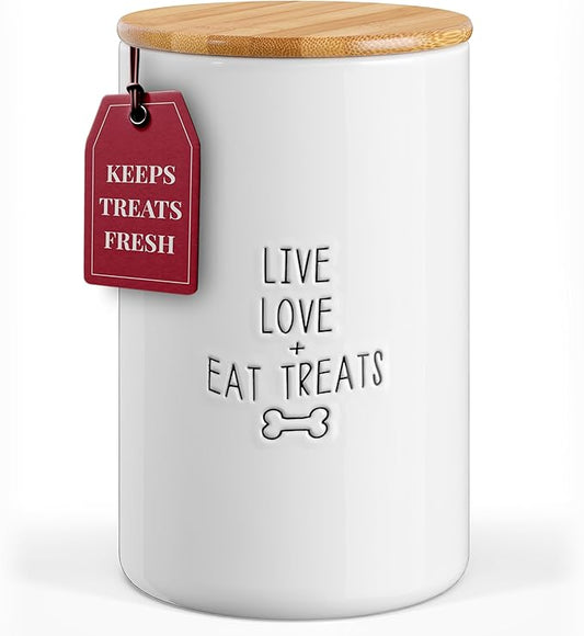 Barnyard Designs Large Dog Treat Container Airtight with Lid, Cute Rustic Ceramic Dog Treat Storage Jar for Kitchen Counter, White (Live Love Eat Treats)