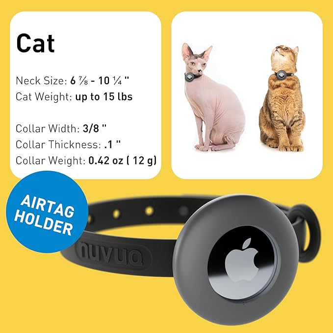 Airtag Cat Collar - Soft, Comfortable, and Lightweight Breakaway Collar with Air Tag GPS Tracker Holder for Outdoor Cats and Sensitive Skin Kittens by Nuvuq (6 ⅞" to 10 ¼", Black)