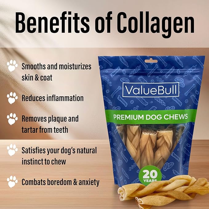 ValueBull Buffalo Collagen Braided Sticks for Large Dogs, 6 Inch Thick Chews, Natural Long-Lasting Dog Treats, 100 Count Bulk Pack - Supports Joints, Skin & Coat with Chondroitin & Glucosamine