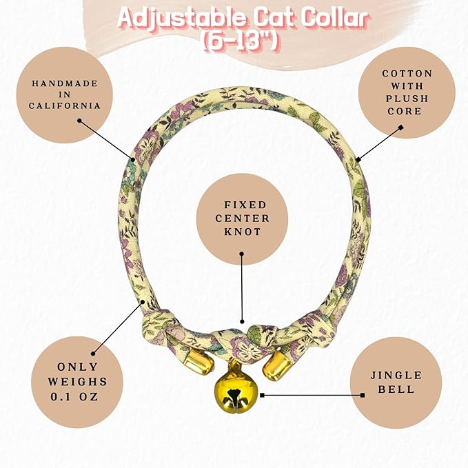 Handmade Cotton Cat Collar with Bell – Adjustable Slip-On Design, No Buckle, Lightweight Rope Collar for Kittens, Indoor Cats, and Small Pets (FAE)