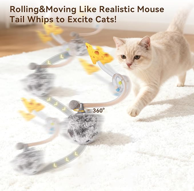 Migipaws Interactive MigiMouse Cat Toy 360° Rolling & Spin with Wiggling Tail for Indoor Cats Smart Motion Sensor, Realistic Squeak, Rechargeable Plush Kitten Toy(Grey Long)