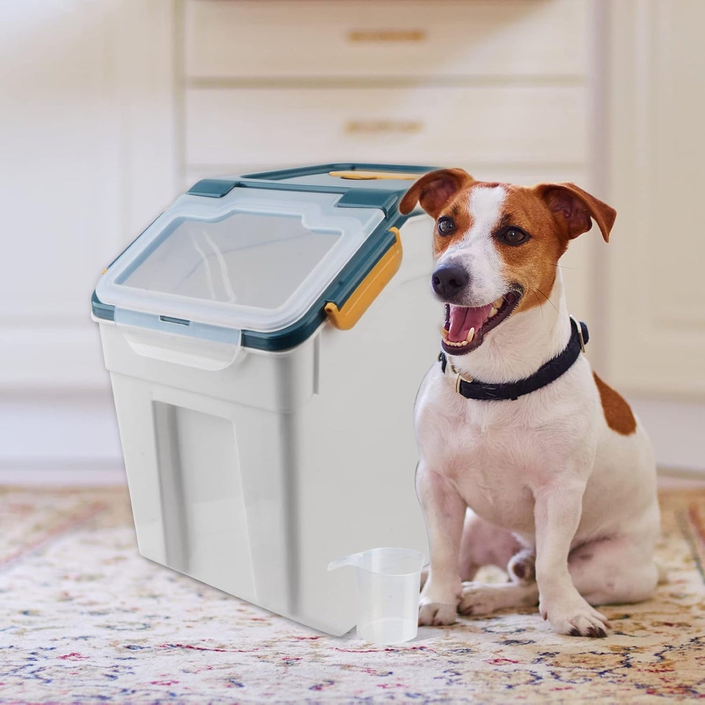 AnRui Dog Food Storage Container with Scoop, Large Airtight Plastic Pet Dog Cat Dry Food Bin, Cereal Grain Organizer Box for Rice, Flour, Snack, Baking Supplies, Kitchen Pantry, Blue