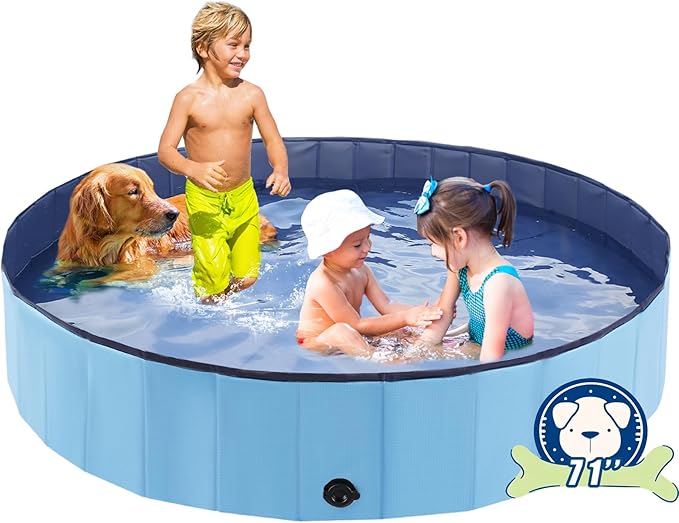 Foldable Dog Bath Swimming Pool Plastic Kiddie Pool Professional Tub Collapsible Grooming Bathtub for Pets Kids Baby and Toddler, 71 x 12 Inches Blue