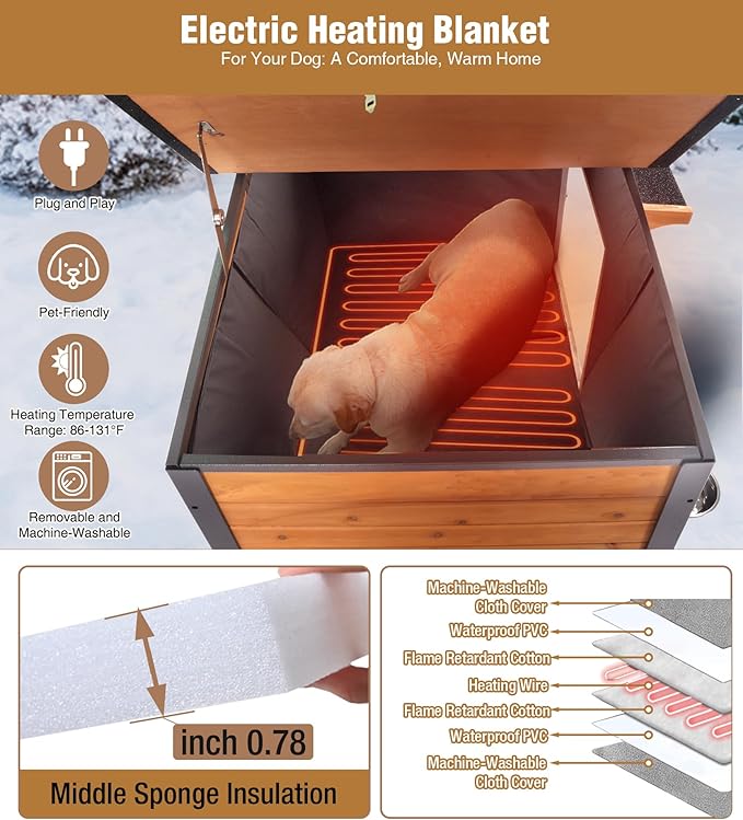 GUTINNEEN Heated Dog House Outdoor with Electric Heating Pad, Insulated Wooden Dog Kennel with 360° Rotating Feeding Bowl, Anti-Chewing Metal Frame, Natural Wood Color
