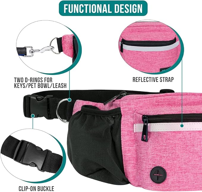 PetAmi Dog Fanny Pack, Treat Pouch for Dog Walking, Training, Built in Poop Bag Dispenser, Water Bottle Holder, Collapsible Bowl, Pet Treat Waist Belt for Hiking, Running, Kibbles (Pink)