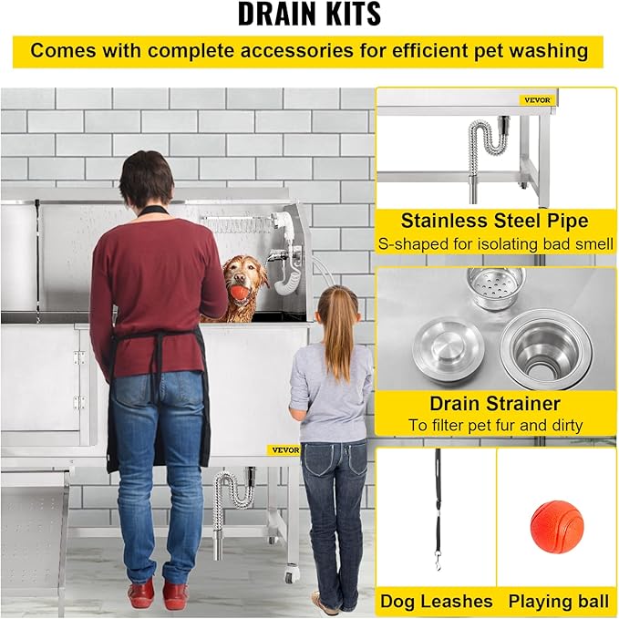 VEVOR Dog Grooming Tub, 62" L Pet Wash Station, 304 Stainless Steel Pet Grooming Tub Rated 661LBS Load Capacity, Non-Skid Dog Washing Station Comes with Ramp, Faucet, Sprayer and Drain Kit