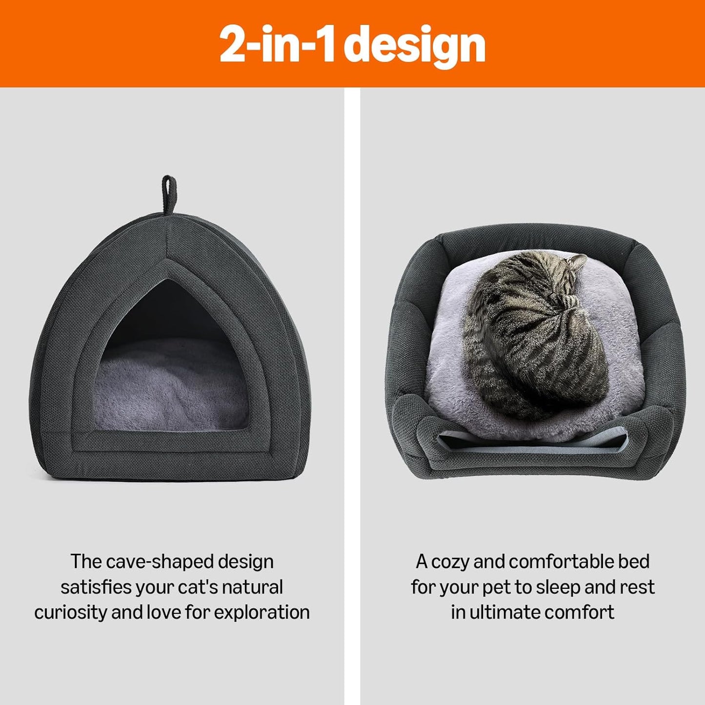 Amazon Basics Cat Cave Bed, 2-in-1 Foldable House for Indoor Cats, with Washable Cushion and Non-Slip Base, 17.5 x 17.5 Inches, Large