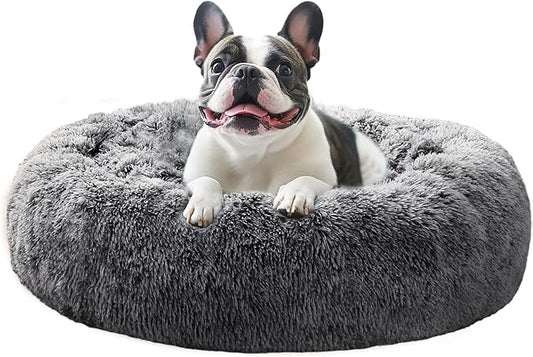 JOLLYVOGUE Small Dog & Cat Beds for Indoor Cats, Donut Cuddler Warming Soft Dog Beds with Anti-Slip Bottom, Round Calming Fluffy Plush Faux Fur Cushion Bed for Medium Dogs (27", Smoke Black)