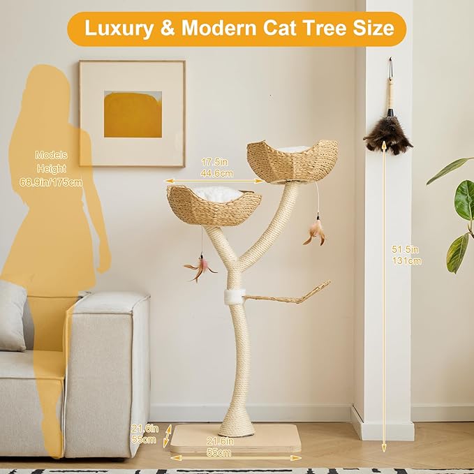 51" Tall Modern Luxury Cat Tree Tower Cat Scratching Post with Handwoven Baskests for Multiple Cats Furniture for Cat Lover Gifts(51" Natural)