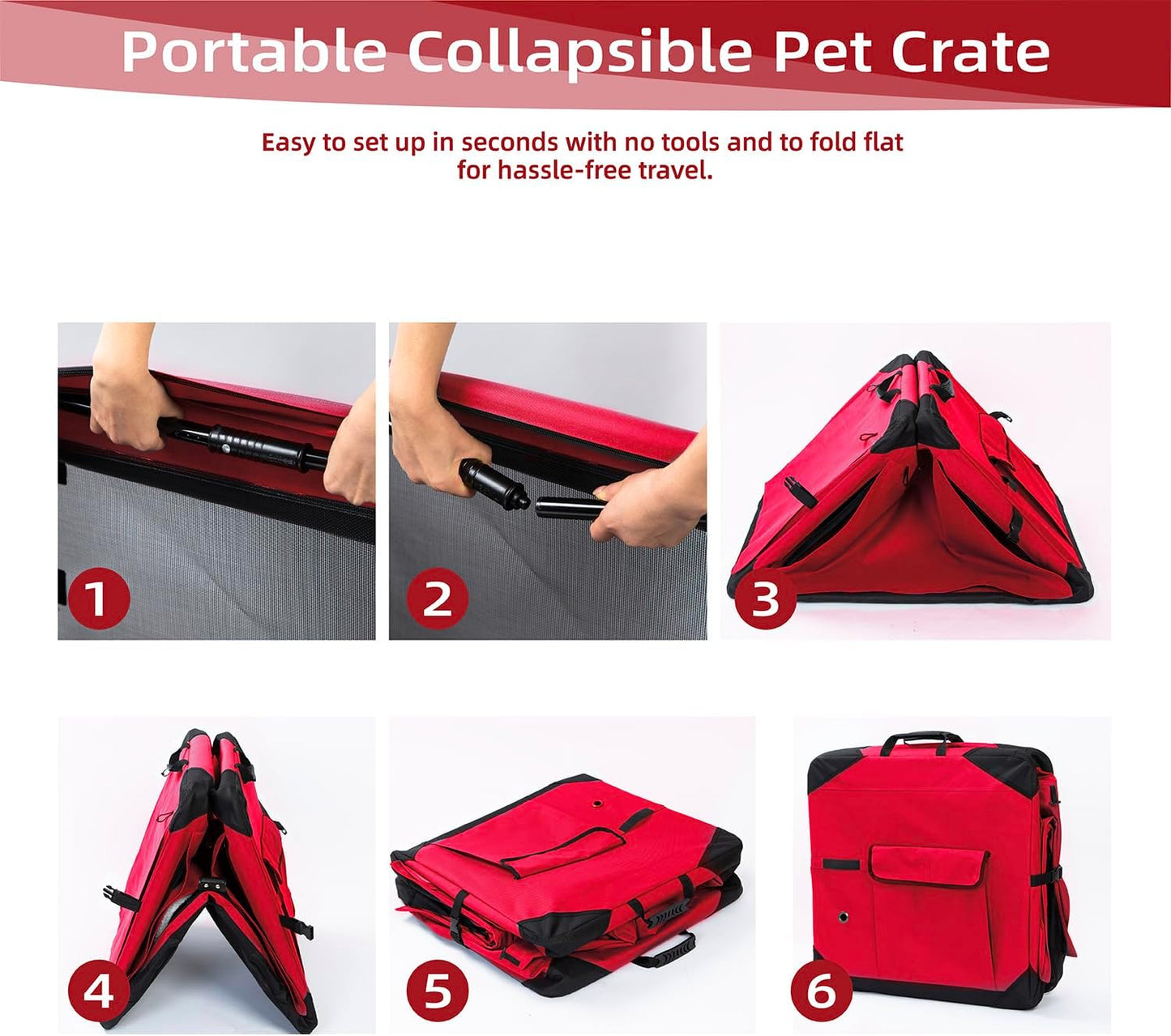 Pettycare 42 Inch Collapsible Dog Crate with Curtains Travel Dog Crate for Airflow and Calm Soft Pet Kennel with Portable Bag and More Chew Proof Mesh Indoor & Outdoor Red 4 Door Curtains