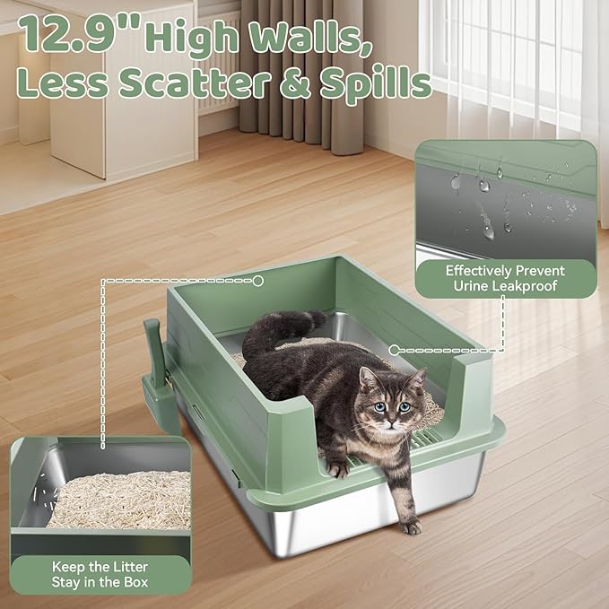 Homegroove XXXL Stainless Steel Litter Box with High Sides, 28"x20"x12" Extra Large Cat Litter Box for Big Cats, Metal Cat Litter Boxes Anti-Urine Leakage, Easy Clean (Green)